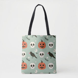 Halloween nahtloses Muster mit Raben, Schädeln und Tasche