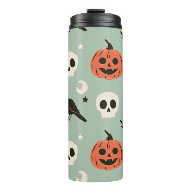 Halloween nahtloses Muster mit Raben, Schädeln und Thermosbecher (Vorderseite)