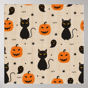 Halloween nahtloses Muster mit schwarzer Katze und Poster