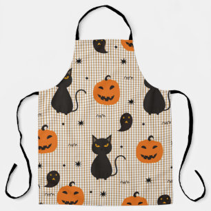 Halloween nahtloses Muster mit schwarzer Katze und Schürze