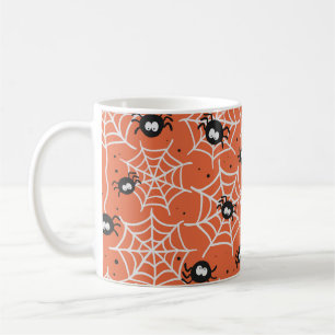 Halloween nahtloses Muster mit Spinnen und Web. Kaffeetasse