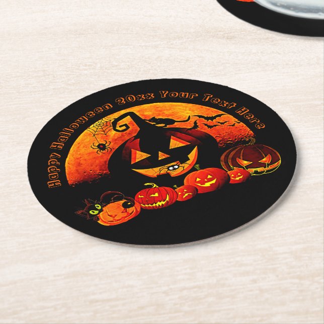 Halloween Name Jahr 20xx Glow Pumpkin Cat Web Runder Pappuntersetzer (Angewinkelt)