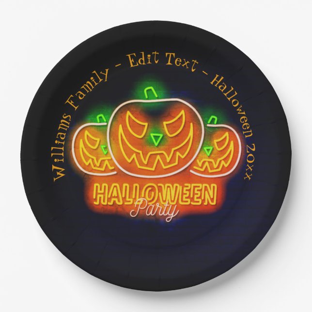 Halloween Name Jahr 20xx Neon Glow Look Pumpkin 9" Pappteller (Vorderseite)