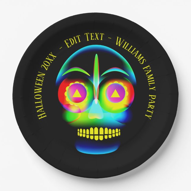 Halloween Name Year Neon Look Glow Blue Skull 9" Pappteller (Vorderseite)