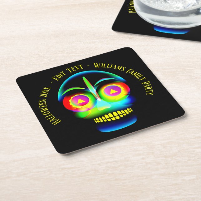 Halloween Name Year Neon Look Glow Blue Skull Rechteckiger Pappuntersetzer (angewinkelt)