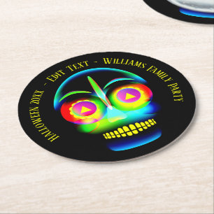 Halloween Name Year Neon Look Glow Blue Skull Runder Pappuntersetzer