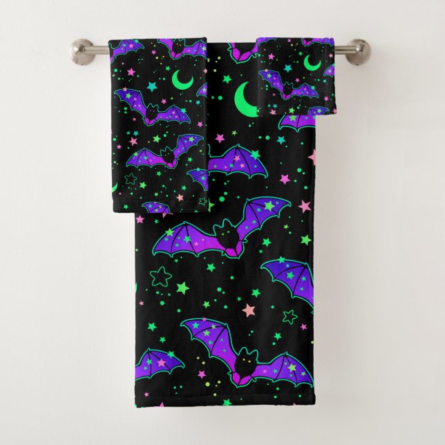 Halloween Neon Bats, Monde und Sternen Badetuch Badhandtuch Set (Insitu)