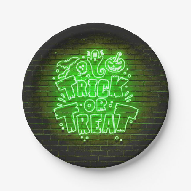 Halloween Neon Glow Look Green Trick Leckerei Part Pappteller (Vorderseite)