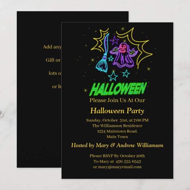Halloween Neon Glow Look Lila Ghost Broom Party Einladung (Vorne/Hinten)
