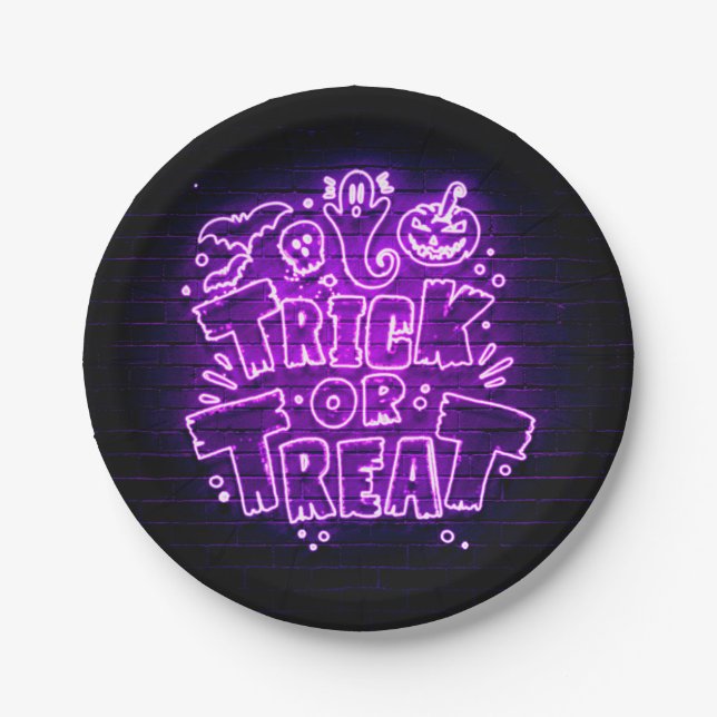 Halloween Neon Glow Look Lila Trick Leckerei Party Pappteller (Vorderseite)