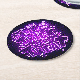 Halloween Neon Glow Look Lila Trick Treat Party  Runder Pappuntersetzer