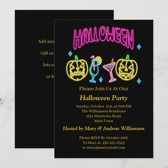 Halloween Neon Glow Look Pumpkin Cocktail Party Einladung (Vorne/Hinten)