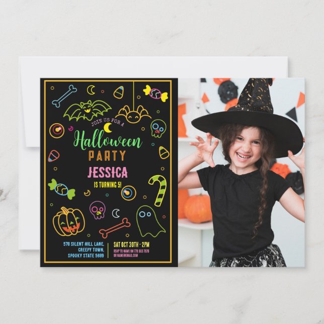 Halloween Neon Kids Party Glow Dark Party Foto Einladung (Vorderseite)