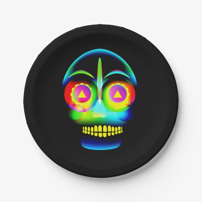 Halloween Neon Look Glow Blue Yellow Skull 7 Pappteller (Vorderseite)