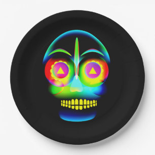 Halloween Neon Look Glow Blue Yellow Skull 9" Pappteller