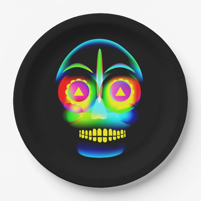 Halloween Neon Look Glow Blue Yellow Skull 9" Pappteller (Vorderseite)