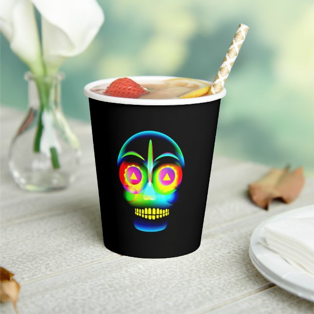 Halloween Neon Look Glow Blue Yellow Skull Pappbecher (In Situ)