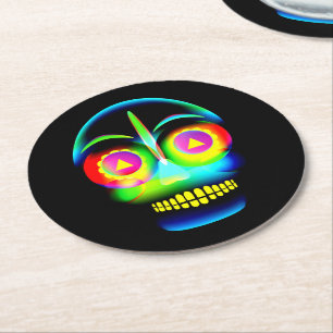 Halloween Neon Look Glow Blue Yellow Skull Runder Pappuntersetzer