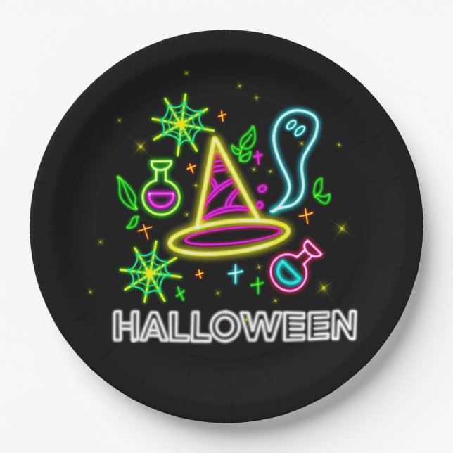 Halloween Neon Look Hat Ghost Web Party 9" Pappteller (Vorderseite)