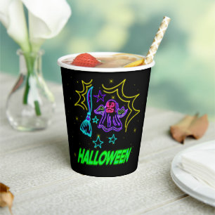 Halloween Neon Look Lila Ghost Broom Party Pappbecher