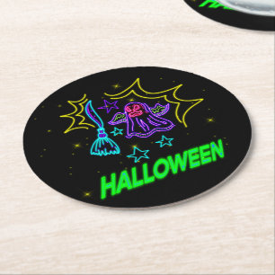 Halloween Neon Look Lila Ghost Broom Party Runder Pappuntersetzer