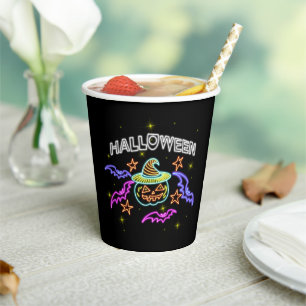 Halloween Neon Look Pumpkin Hat Fledermats Party Pappbecher