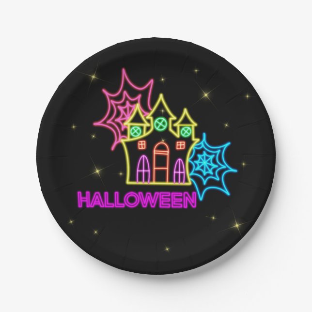 Halloween Neon Look Spuk House Spider Web 7" Pappteller (Vorderseite)