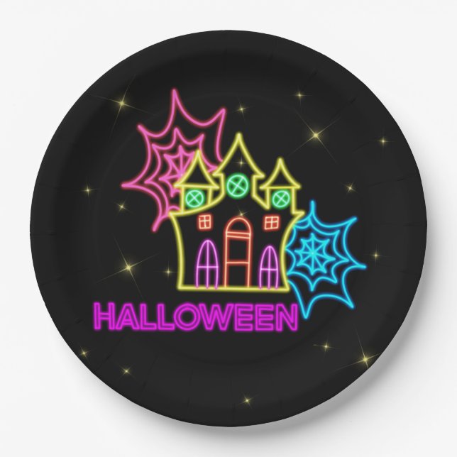Halloween Neon Look Spuk House Spider Web 9" Pappteller (Vorderseite)