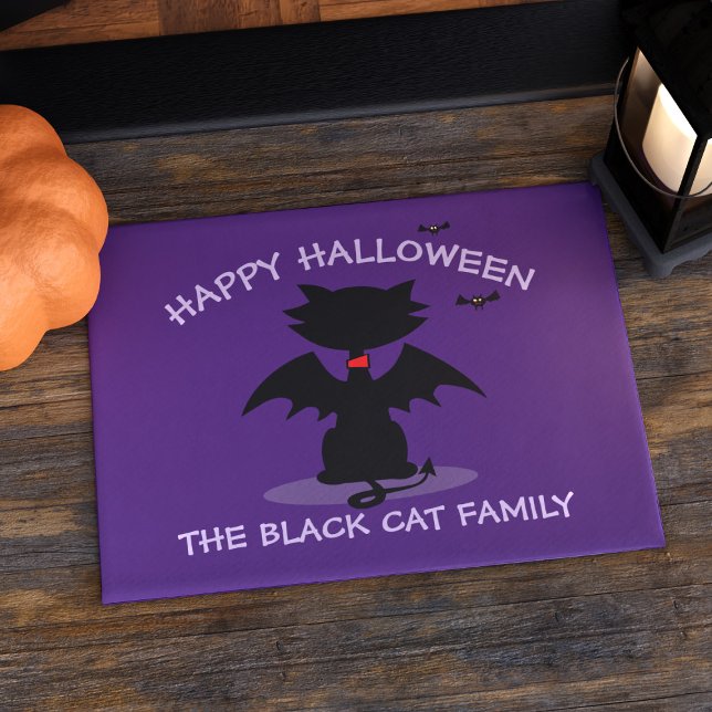 Halloween Niedlich Black Cat Bat Lila Kindermatte Fußmatte (Happy Halloween! My black cat's favorite time of the year. Here's a fun doormat just for you!)