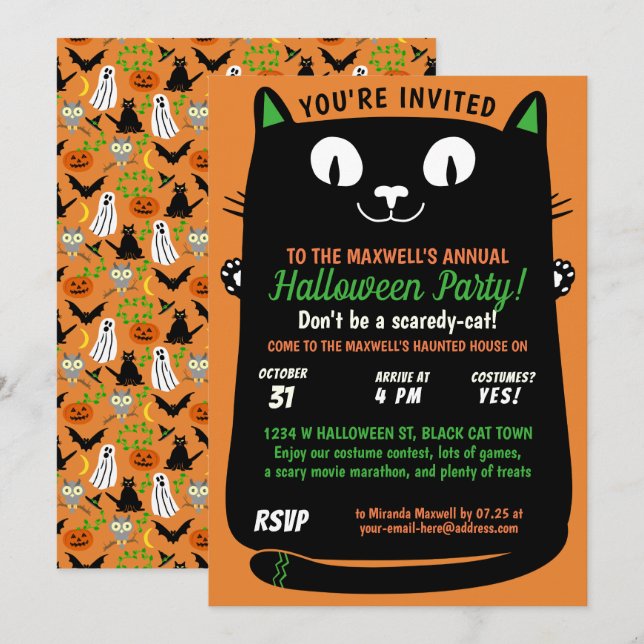 Halloween Niedlich Black Cat Kids Party Spooktacul Einladung (Vorne/Hinten)