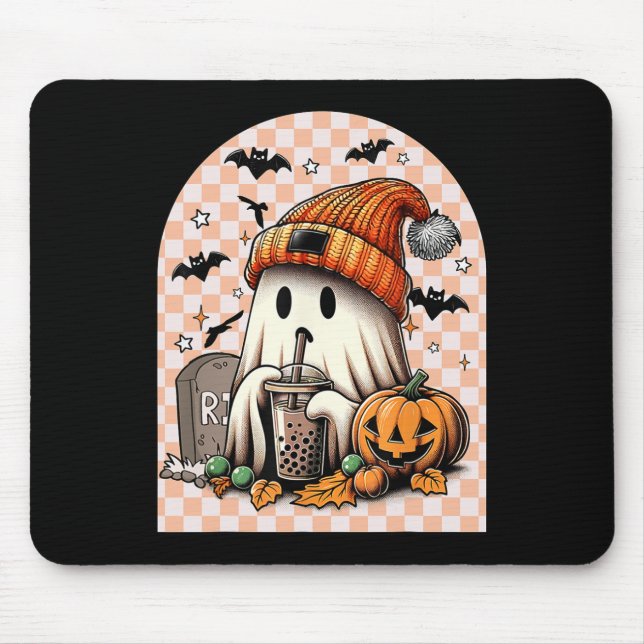 Halloween Niedlich Ghost Drink Kaffee Pumpkin Karo Mousepad (Vorne)