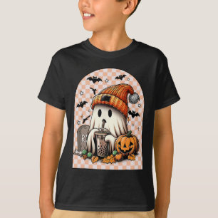 Halloween Niedlich Ghost Drink Kaffee Pumpkin Karo T-Shirt