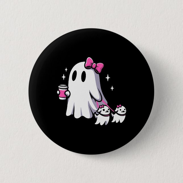 Halloween Niedlich Ghost Walking Hund Spooky Pink  Button (Vorderseite)