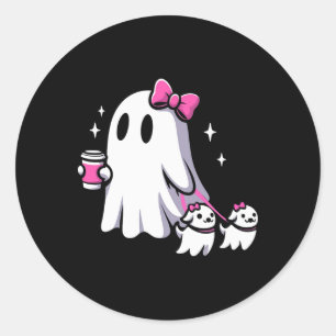 Halloween Niedlich Ghost Walking Hund Spooky Pink Runder Aufkleber