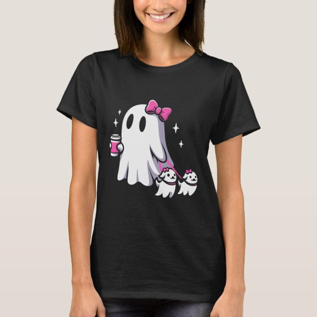 Halloween Niedlich Ghost Walking Hund Spooky Pink  T-Shirt (Vorderseite)