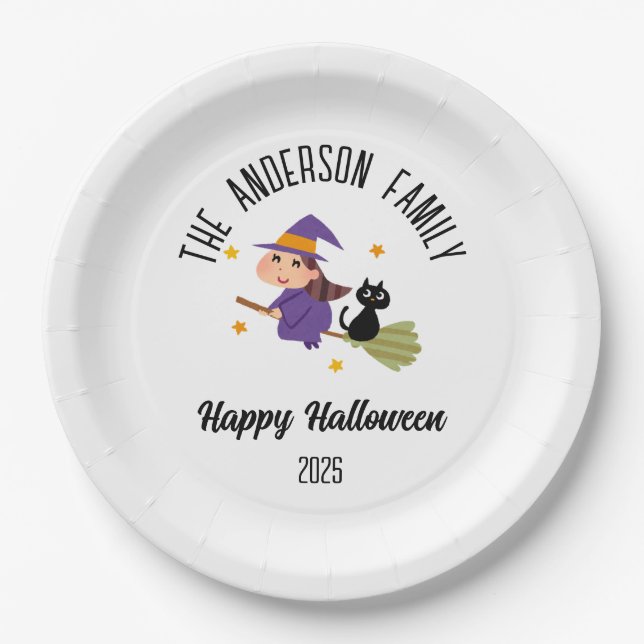 Halloween Niedlich Hexe auf einem Personalisierten Pappteller (Vorderseite)