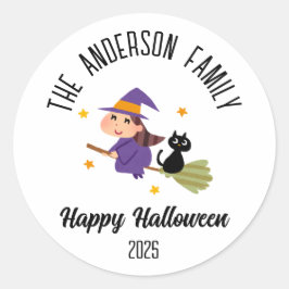 Halloween Niedlich Hexe auf einem Personalisierten Runder Aufkleber