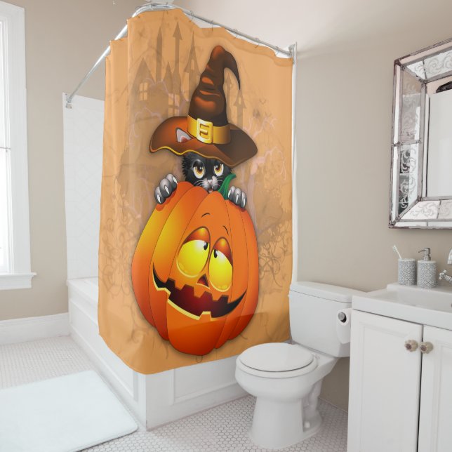 Halloween Niedlich Kitty Hexe und Kürbisfreund Duschvorhang (Beispiel)