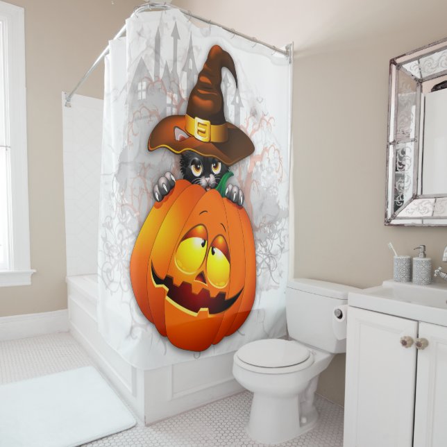 Halloween Niedlich Kitty Hexe und Kürbisfreund Duschvorhang (Beispiel)