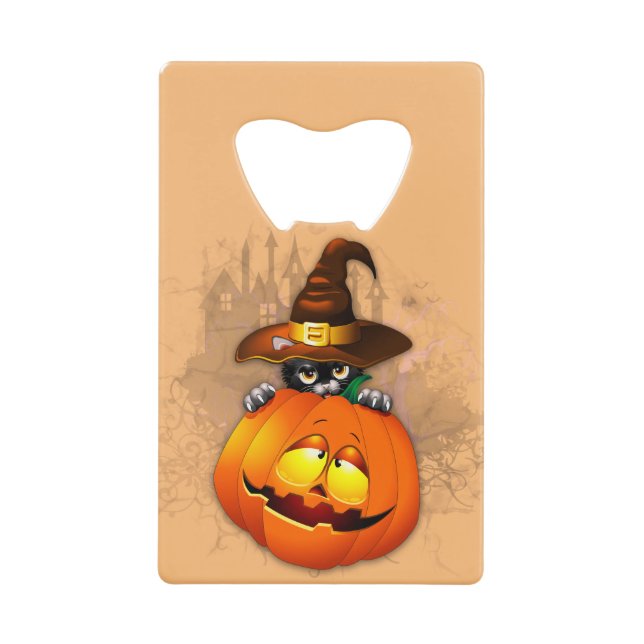 Halloween Niedlich Kitty Hexe und Kürbisfreund Geldbeutel Flaschenöffner (Vorderseite)