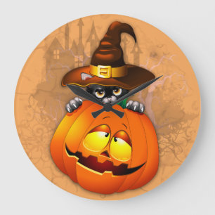 Halloween Niedlich Kitty Hexe und Kürbisfreund Große Wanduhr
