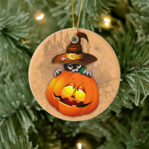Halloween Niedlich Kitty Hexe und Kürbisfreund Keramik Ornament