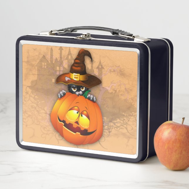 Halloween Niedlich Kitty Hexe und Kürbisfreund Metall Brotdose (Beispiel)