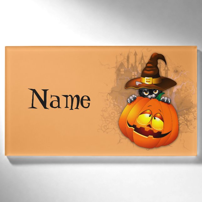 Halloween Niedlich Kitty Hexe und Kürbisfreund Namenschild (Vorderseite)