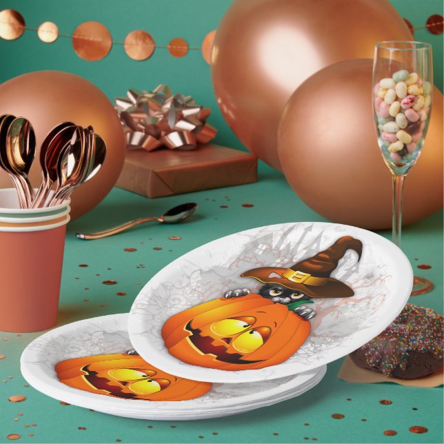 Halloween Niedlich Kitty Hexe und Kürbisfreund Pappteller (Multi)