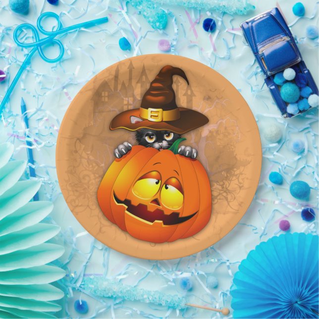 Halloween Niedlich Kitty Hexe und Kürbisfreund Pappteller (Party)