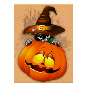 Halloween Niedlich Kitty Hexe und Kürbisfreund Poster