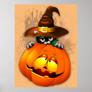 Halloween Niedlich Kitty Hexe und Kürbisfreund Poster