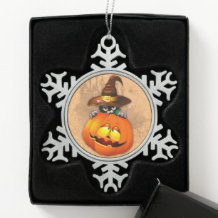 Halloween Niedlich Kitty Hexe und Kürbisfreund Schneeflocken Zinn-Ornament