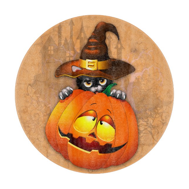 Halloween Niedlich Kitty Hexe und Kürbisfreund Schneidebrett (Vorderseite)
